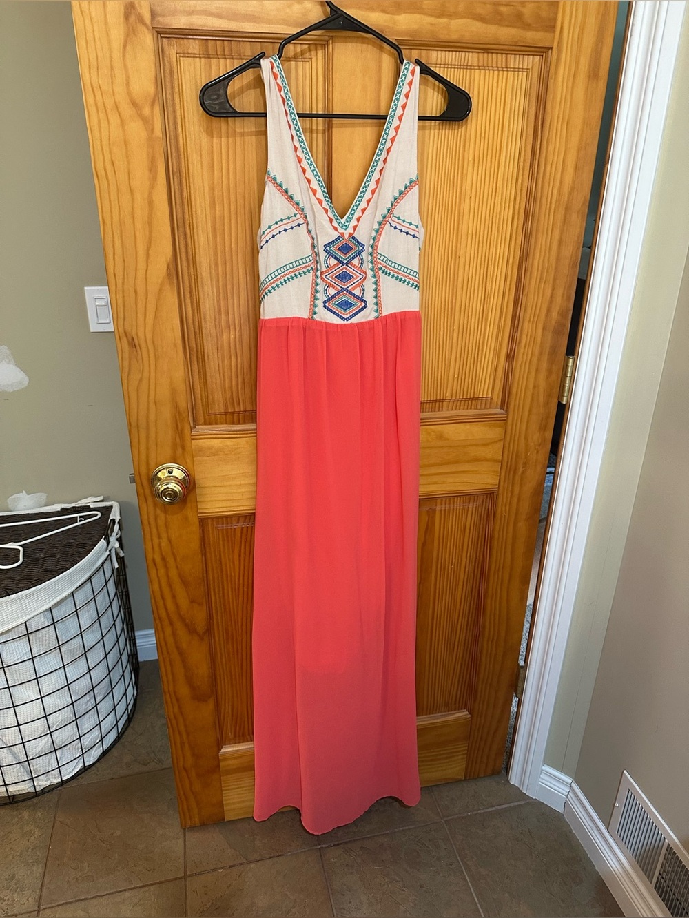 Flying Tomato Coral Maxi Dress with Cream Embroidered Bodice